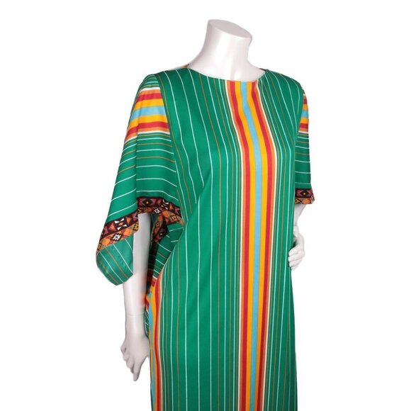 Vintage Gottex Maxi Caftan Dress Boho Kimono Hippie Stripe Green Yellow Red 70s - Picture 2 of 11